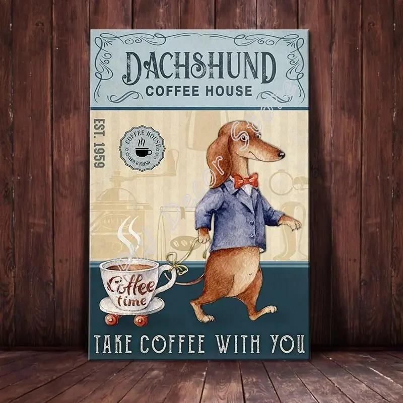 Dachshund Tin Metal Sign Coffee Poster Gift Wall Art for Cafe Kitchen Coffee Corner Coffee Pot for Men Women Xmas Gift 8x12inch