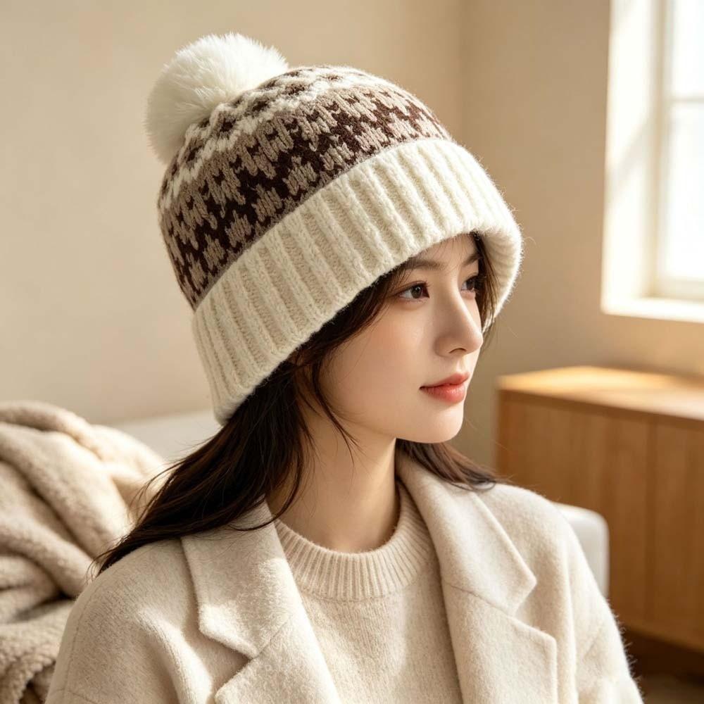 Cute Style Knit Beanie Hat Fleece Lined Winter Earflap Cap Jacquard Pullover Bonnet Students