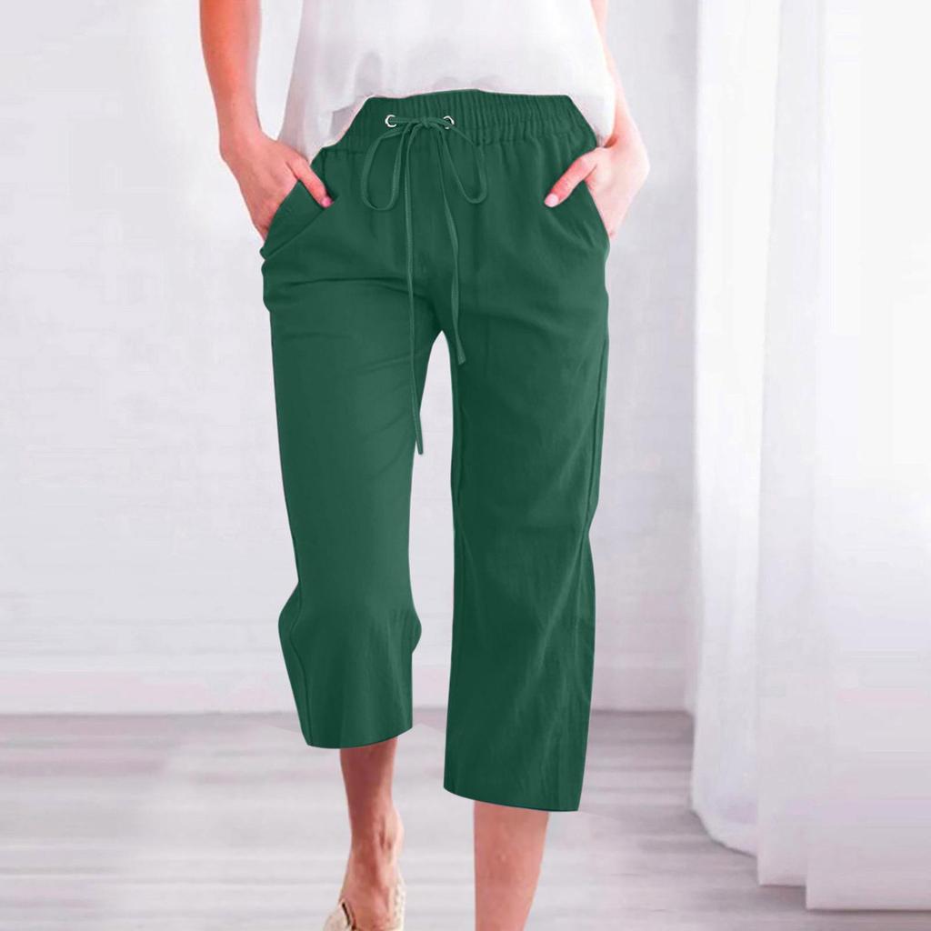 Frauen Hosen Jogginghose Einfarbig Gerade Weiche Elastische Taille Kordelzug Hosen Mitte der wade Länge Geerntete Hosen