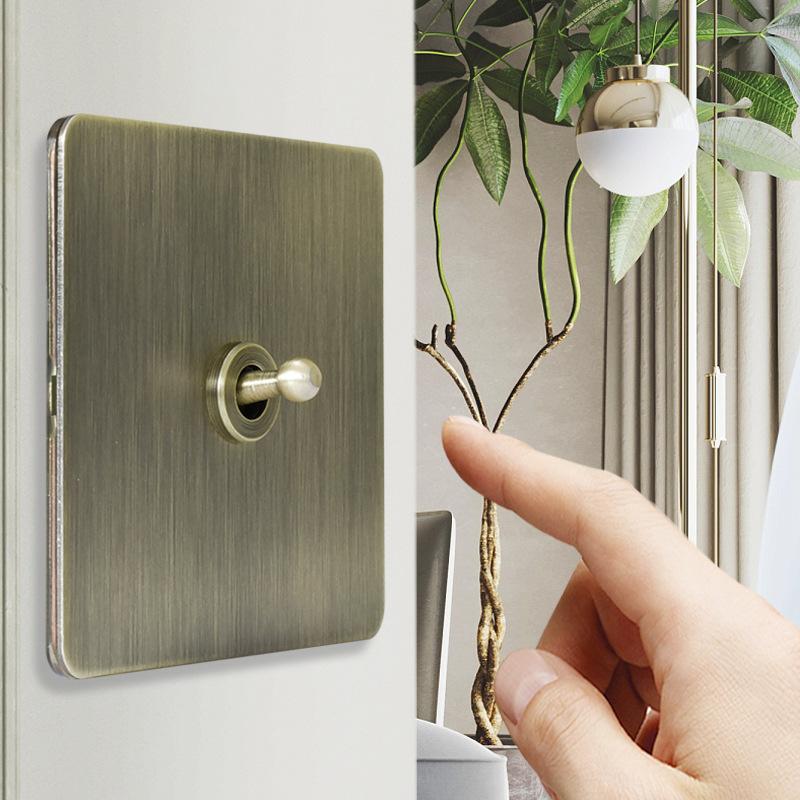 Retro EU Metallplatte Wand Kippschalter Steckdose, Bronzefarbener Antiker Edelstahl Wandschalter