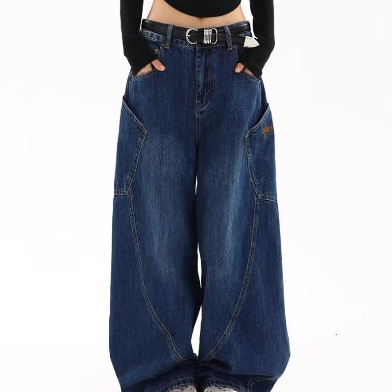 

Women s American Retro Wide-Leg Scimitar Jeans - High Street Loose Fit with Big Pockets, Perfect for Spring and Autumn. Large синий