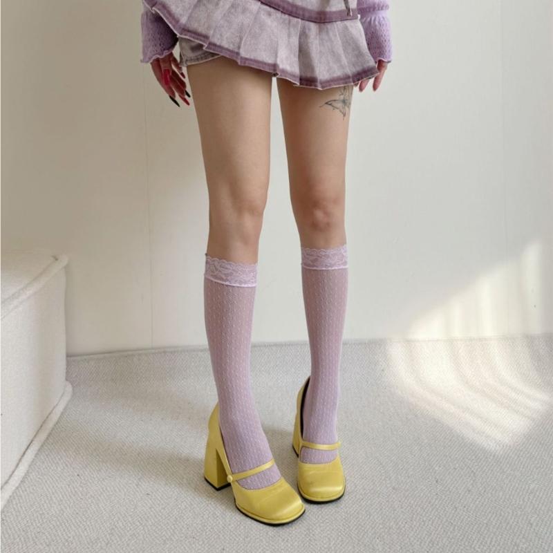 Womens Lace Knee Highs Socks Girls Ruffle Knee Highs Sheer Trouser Socks Mesh Fishnet Stockings Over the Calf Socks
