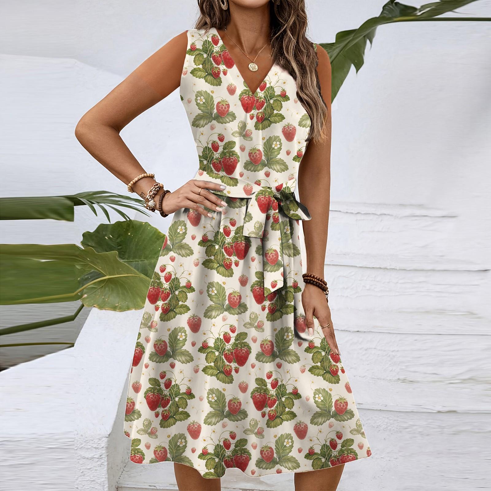 

Женское весенне-летнее повседневное платье миди с V-образным вырезом без рукавов и цветочным принтом на талии XL красный