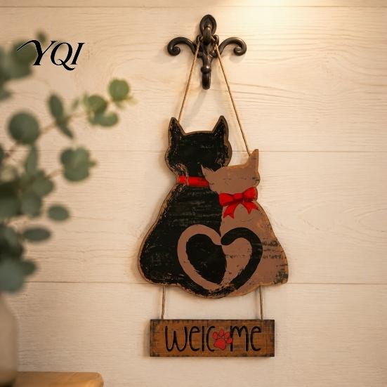 Indoor Entryway Decoration Wooden Hanging Welcome Sign for Front Door, Romantic Cat Couple Wall Decor Garden Pendant, Rustic Farmhouse Outdoor