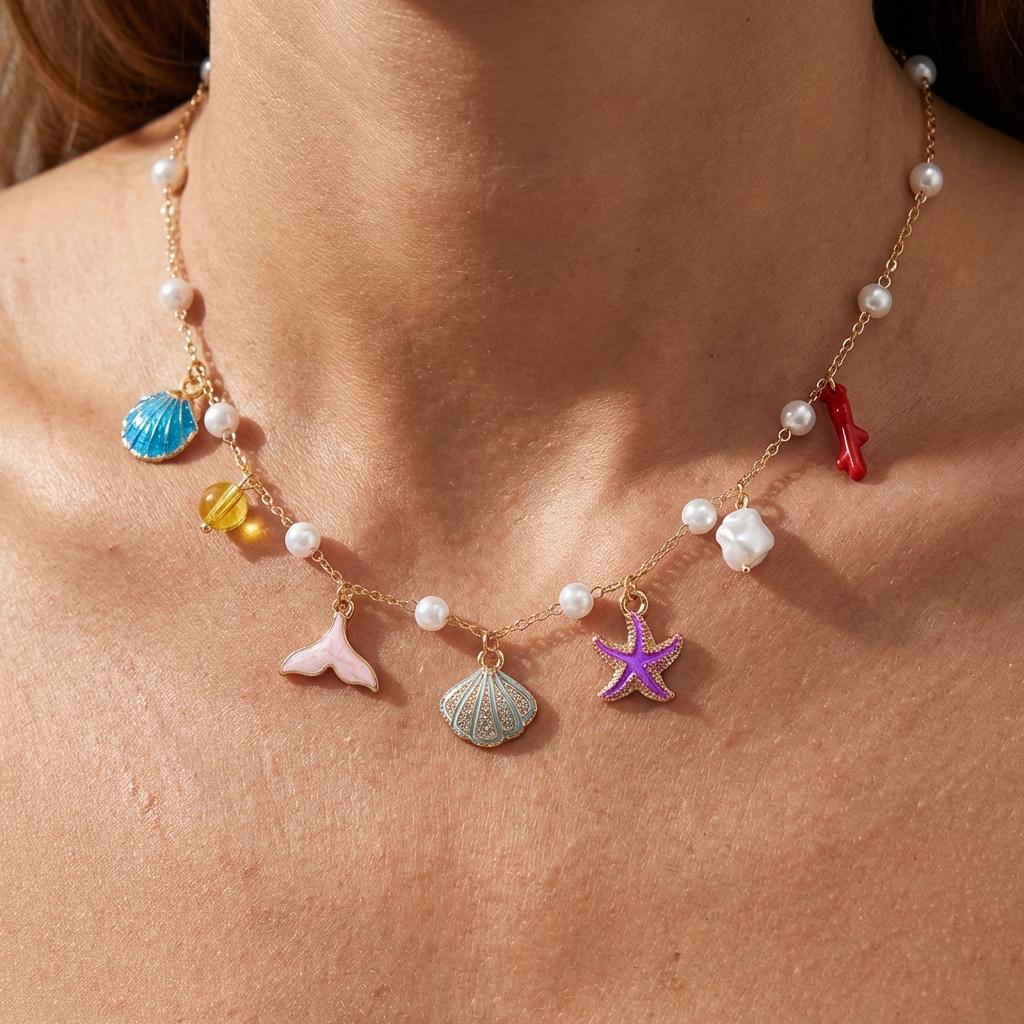 Imitation Pearl Starfish Shell Necklace Versatile Collarbone Chain Summer Ocean Style Accessory Daily Accessory