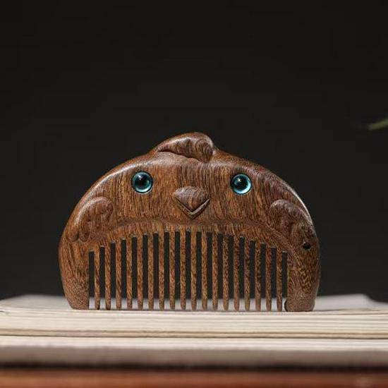Portable Black Gold Sandalwood Zodiac Mini Comb with Blue-Eyed Carved Flower Design