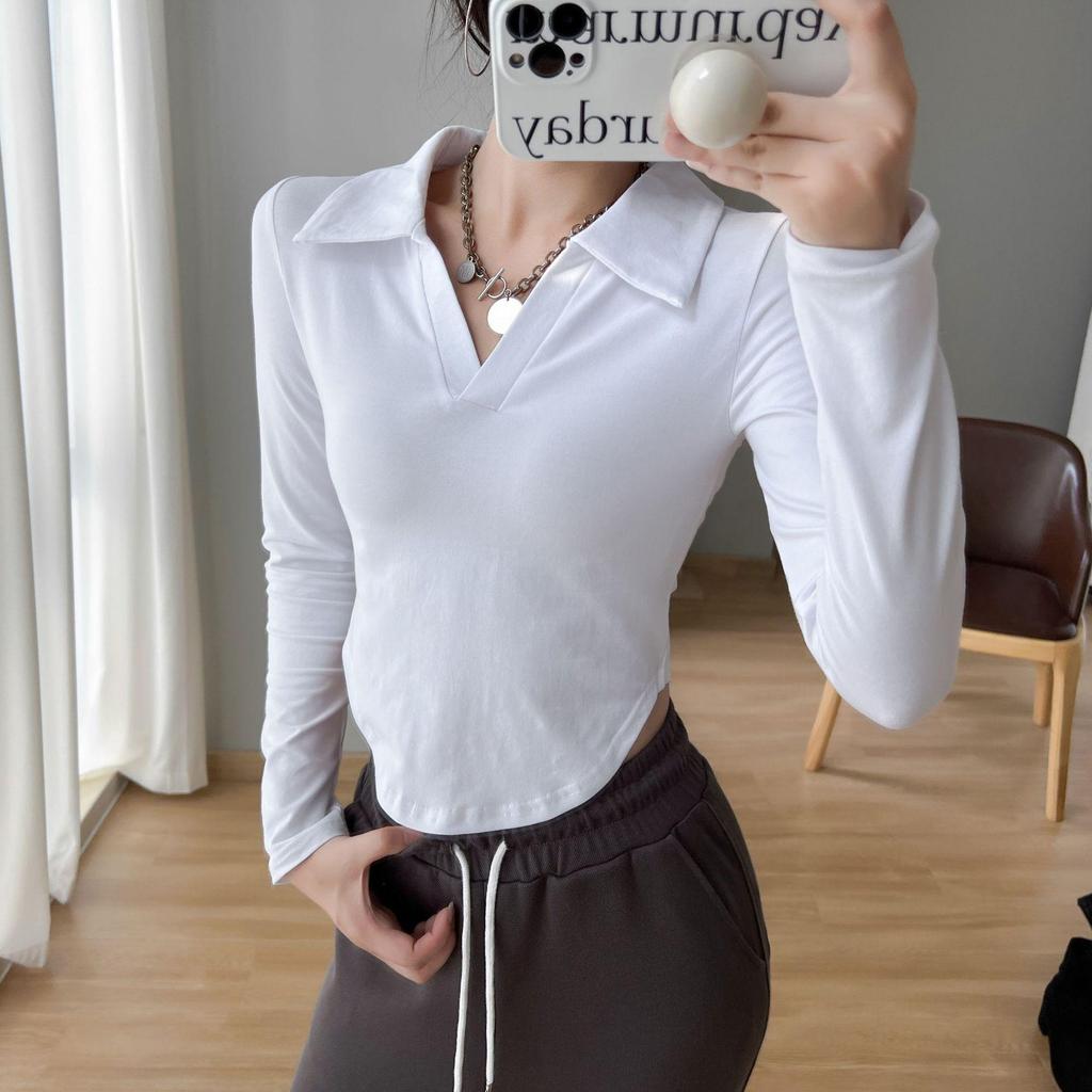 Women's Black Pure Cotton Polo Collar Long-Sleeve Slim-Fit T-Shirt, Curved Hem, Versatile Spring/Autumn Style.