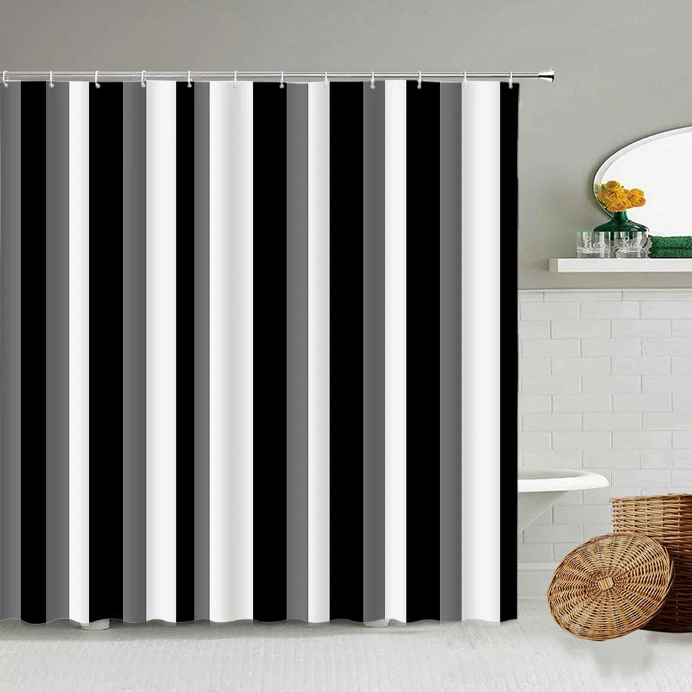 Black and White Checkered Wave Stripe Geometric Shower Curtain Bathroom Waterproof Polyester Curtain with Hook Home Decor