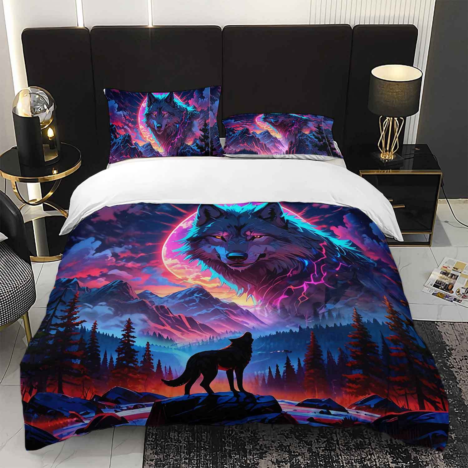

3Pcs Wolf Animal Bedding Duvet Cover Set Aurora Bedding Quilt Set Wild Wolf Themed Bed Quilt Set Animal Landscape Bedroom Decor Duvet Cover Set&AU Single(140x210cm)