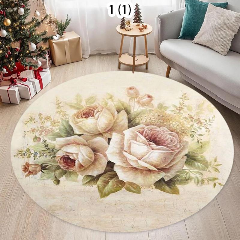 Rose Bouquet Pattern Round Area Rug Elegant Retro Style Non-Slip Floor Mat for Living Rooms Home Decor Areas