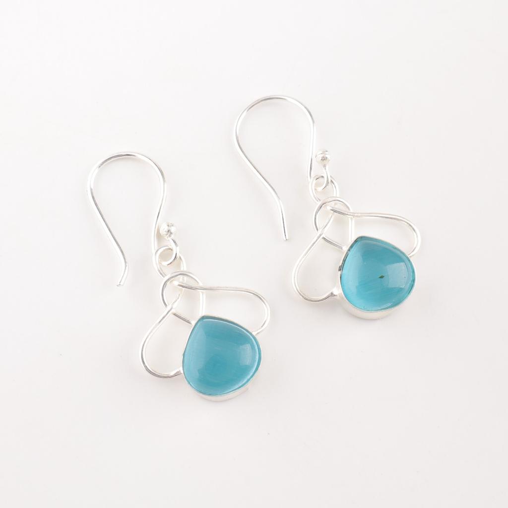 Blue Cat's Eye Gemstone 925 Stamped Silver Jewelry Handmade Hook Earrings 1.50" EE-2-43