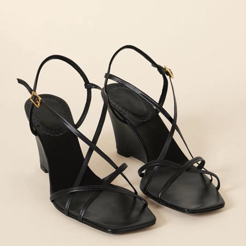 

Wedge heel sandals women s new summer one-word buckle with thick sole to increase height versatile leather square head high heels 35