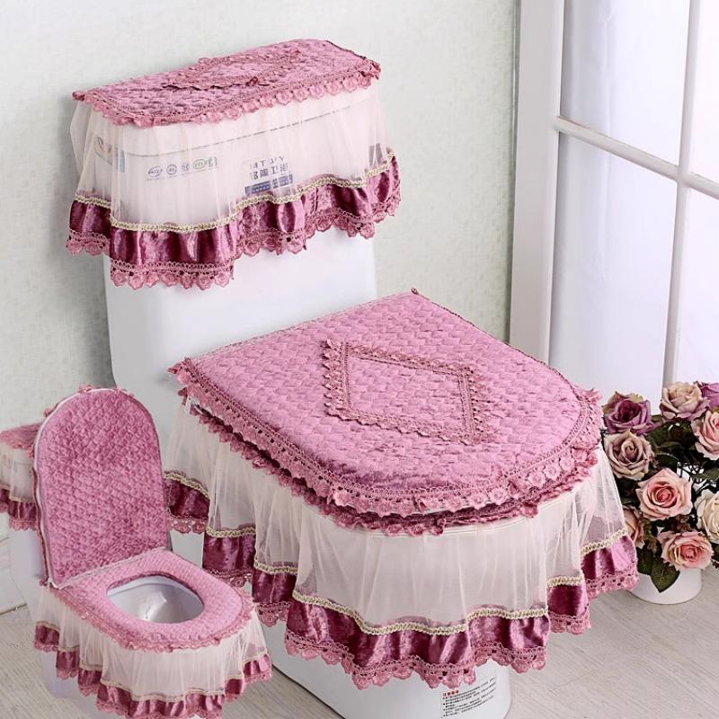 3pcs/Set Lace Embroidery Detachable Toilet Cover Cloth Dustproof Soft Toilet Seat Ring Cushion Home Decoration Toilet Cover
