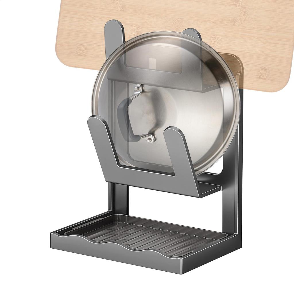 Double Layer Pot Lid Organizer Kitchen Vertical Pan Lid Holder With Drip Tray Carbon Steel Space Saving Pot Top Rack
