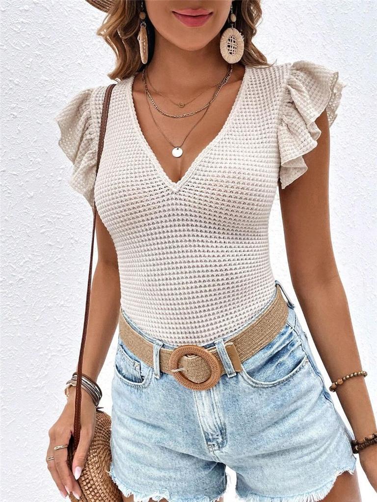 Women's Spring and Summer Slim Simple and Versatile V-neck Fly Sleeve T-shirt