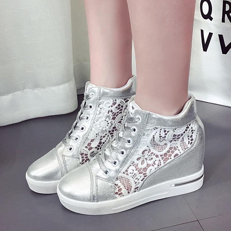 Fashion Trendy Women's Shoes 2024 New Daily Height Increasing Versatile Hollow Out Breathable Lace Sports Women's Shoes Zapatos De Mujer