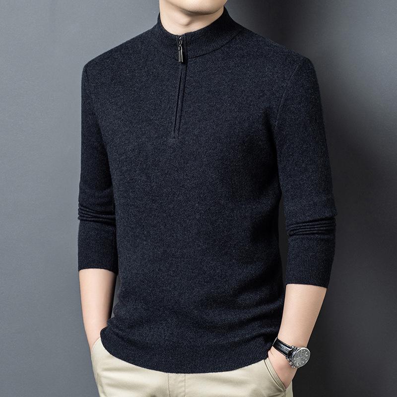 Men's 100% Pure Wool Half-Zip Thickened Sweater, High-End Solid Color Knitwear for Autumn/Winter