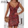 HNXC Summer Women Floral Print Butterfly Sleeve Bodycon Dress Ruffle V Neck Bandage Casual Short Sundress Female Beach Spaghetti Strap Mini Dress