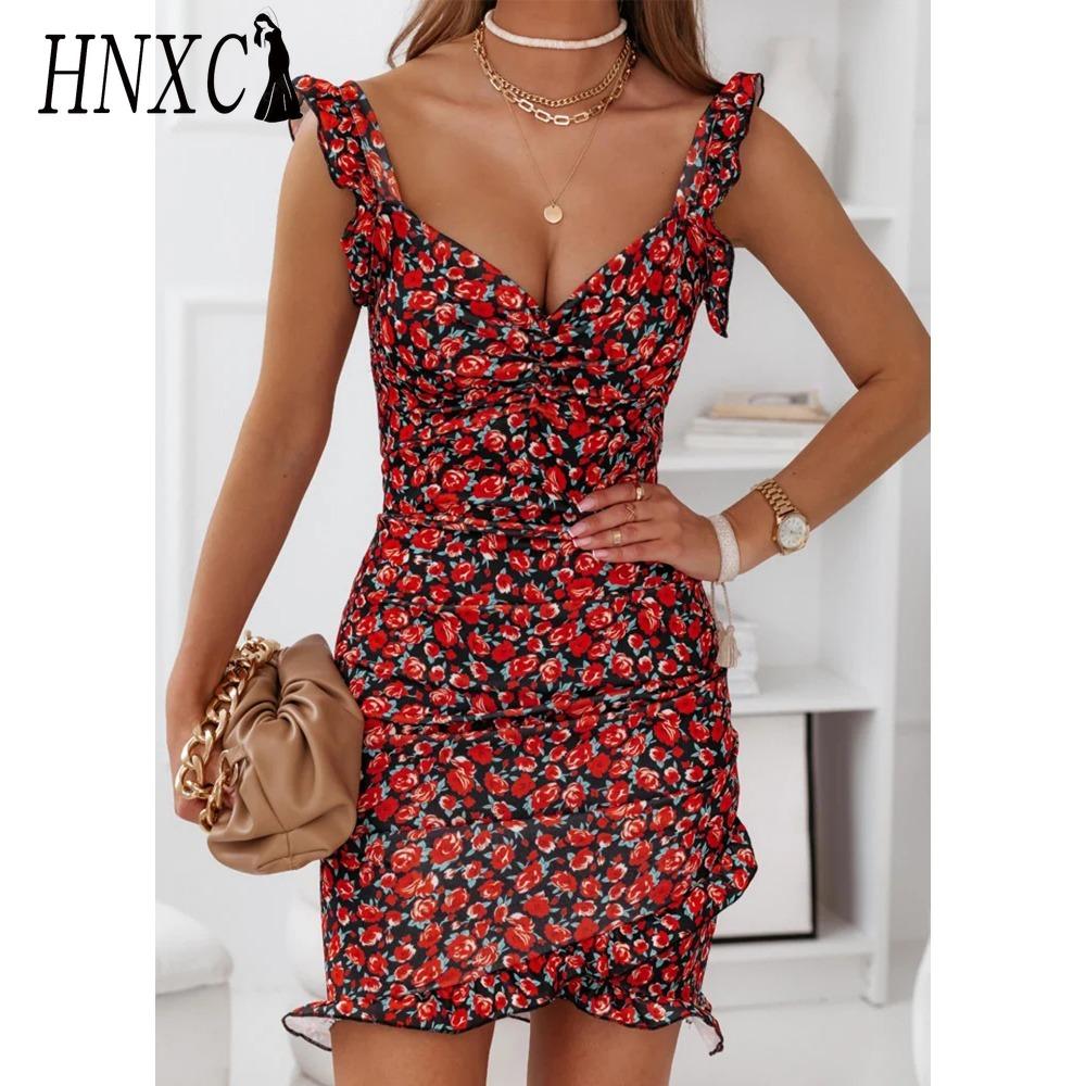HNXC Summer Women Floral Print Butterfly Sleeve Bodycon Dress Ruffle V Neck Bandage Casual Short Sundress Female Beach Spaghetti Strap Mini Dress
