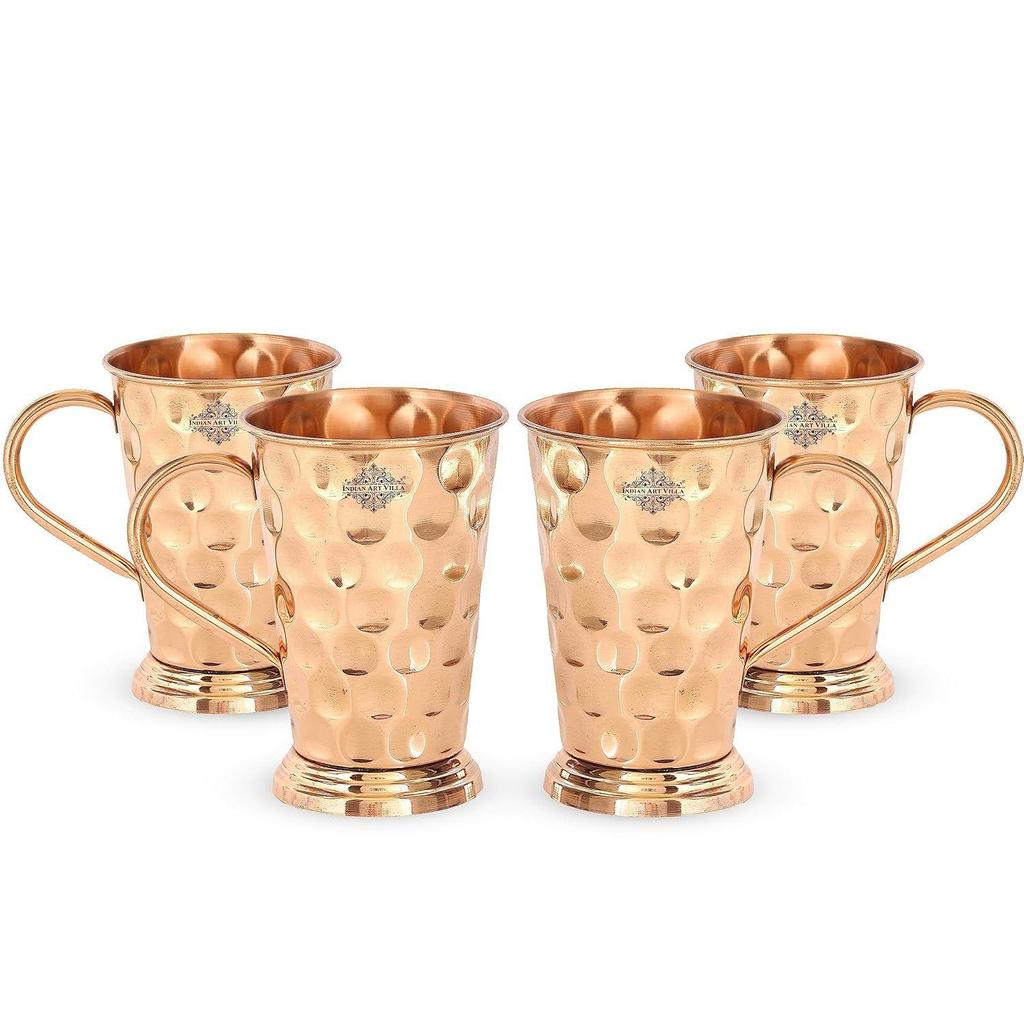 Pure Copper Long Bucket Shaped Hammered Design Moscow Mule Beer Mug Cup, Best for Beer Cocktail Parties, Barware, Volume-450ML, Set of 4