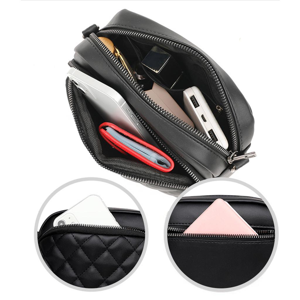 Women Small Messager Bag Lattice PU Leather Zipper Lightweight Adjustable Stap Fashionable Shoulder Bag Black Free Size