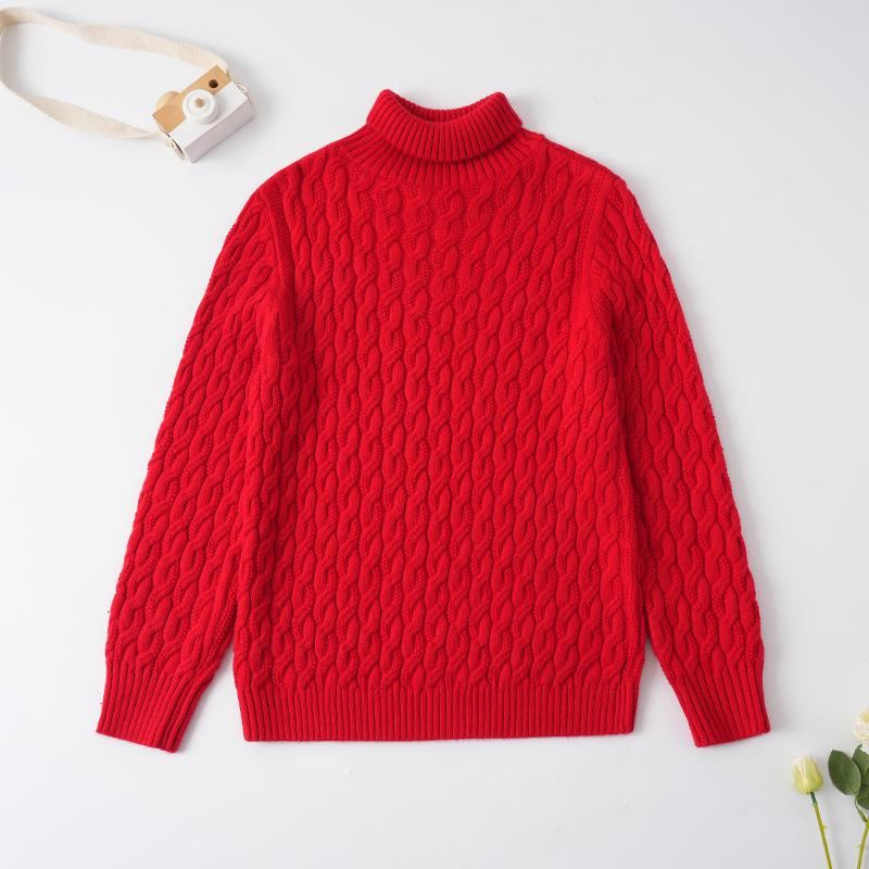 Dětský svetr pletený z jádrové příze v korejském stylu s vysokým límcem - podzimní/zimní pulovr pro střední a velké děti