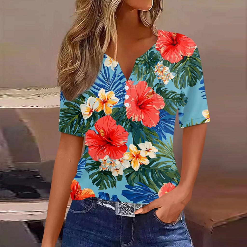 Women's fashionable casual Hawaiian print V-neck short-sleeved button-down T-shirt top