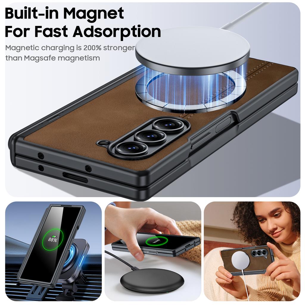 For Samsung Galaxy Z Fold 6 Phone Case With S Pen Holder, Hinge Protector and Screen Protector PU Leather Matte PC-Brown