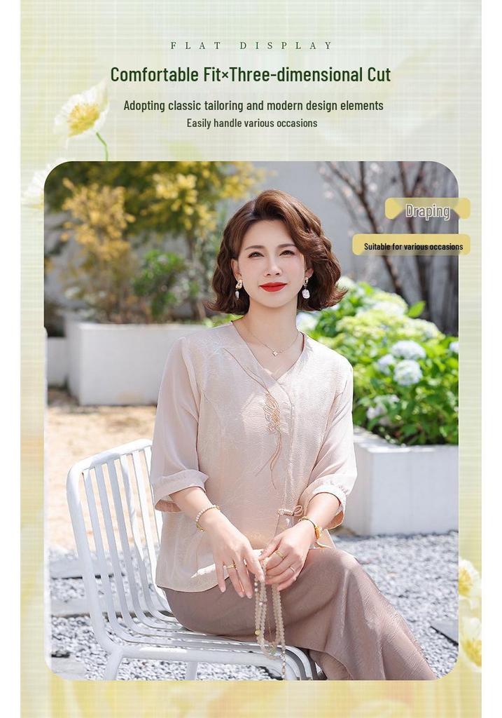 Elegant Chiffon Seven-Sleeve Top for Mom - Dignified & Stylish Summer Wear for Middle-Aged & Elderly Women