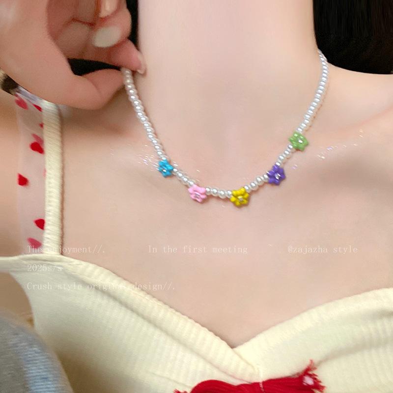 Zircon drop oil colored flower pearl necklace light luxury niche versatile collarbone chain sweet fresh temperament necklace women