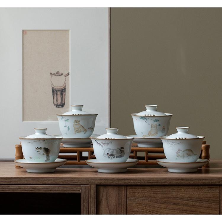 150ml Ceramic Gaiwan Ru Kiln Three Talents Gaiwan Cute Cat Tea Bowl