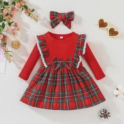 Vestido xadrez de Natal com laço INS Baby Fashion 2025 - Saia de manga comprida infantil