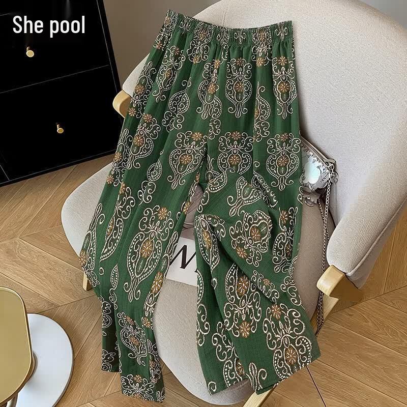 Women s Ethnic Print High-Waist Wide-Leg Cropped Pants One Size