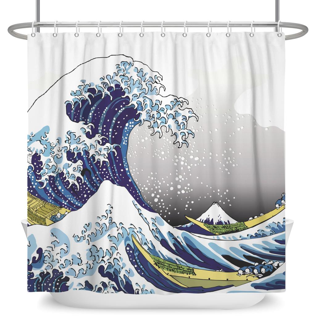 Japanese Style Wave Shower Curtain Ukiyo E Art Cherry Blossom Print Waterproof Bath Curtain Bathroom Decor Polyester With Hooks