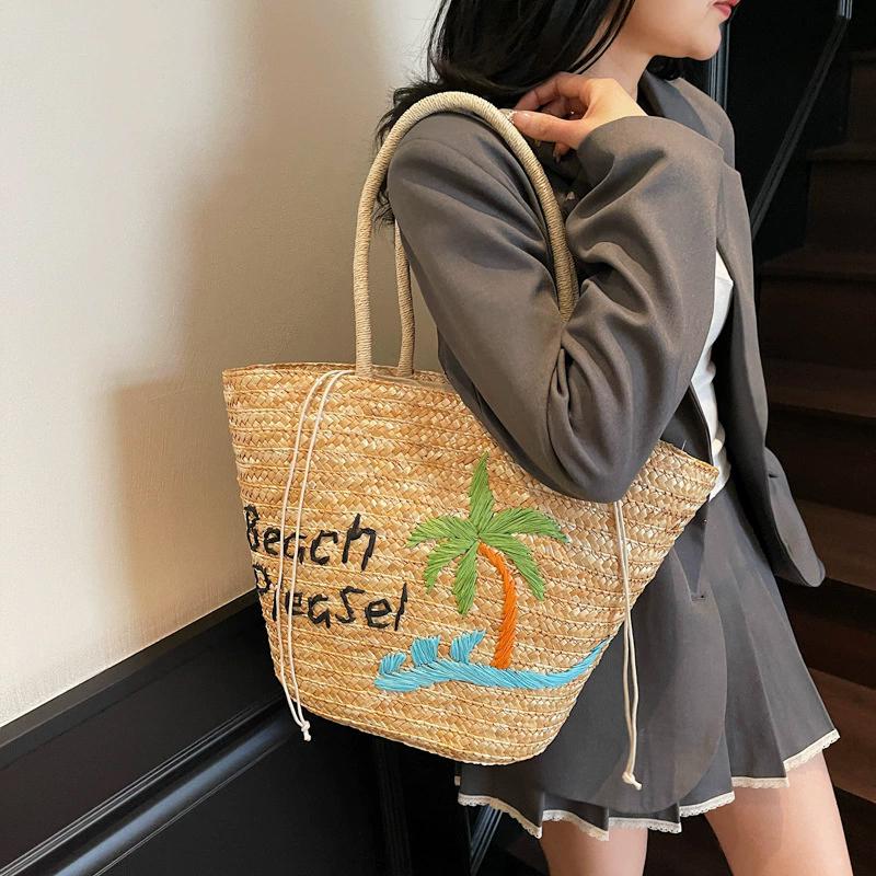 2026 New Woven Women's Bag Handmade Grass Woven Handbag Fashion Embroidery Versatile Shoulder Bag Beach Bag