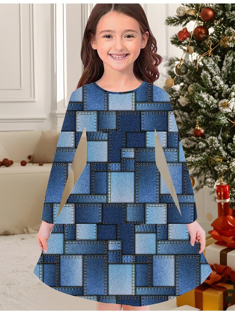 Vestito alla moda per bambina Autunno e Inverno, Stampa 3D effetto Denim, Girocollo, Manica Lunga, Abito T-shirt per Bambini, Casual Versatile, Abbigliamento di Natale