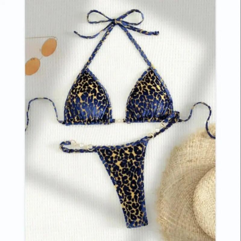 2025 Estate Brasiliana Donna Leopardo Perla Costume da Bagno Abbigliamento da Spiaggia Perizoma Set Due Pezzi Tessuto Speciale Scollo all'americana Costume da Bagno Bikini