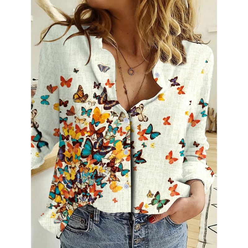 Fashion Retro Butterfly Group Print Long Sleeve Blouse Spring Spring Lapel Button Casual Blouse Ladies 5Xl Home Shirt