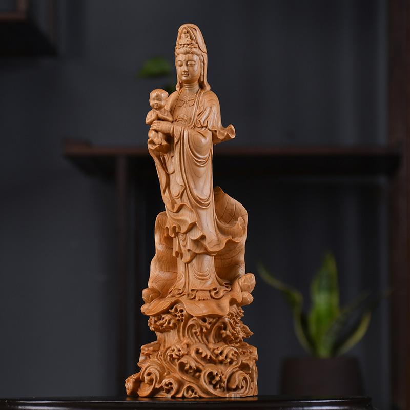 Natural Cypress Sending Son Guanyin Statue - Chinese Buddhist Character Statue Solid Wood Carving Feng Shui Room Ornaments 21cm