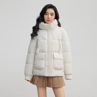 Women Autumn Winter Big Pocket Solid Color Thicken Outwear Cotton Padded Zipper Stand Collar Warm Short Jacket Coat