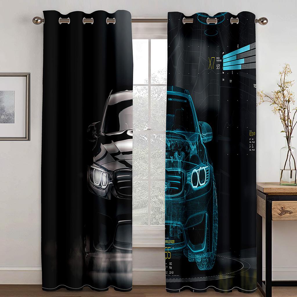 Thick 2Pieces 90%Shading Cool BlackSports Car Luxury Blackout Window Curtains For Bedroom Living Room Bathroom Kicthen Door Hall
