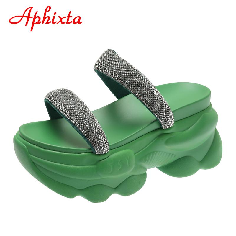 Fashion Aphixta 2025 New Luxury Crystals Summer Thick Sole Slides Simple Platform Women Shoes Green Flip Flops Wedge Heel Beach Slippers