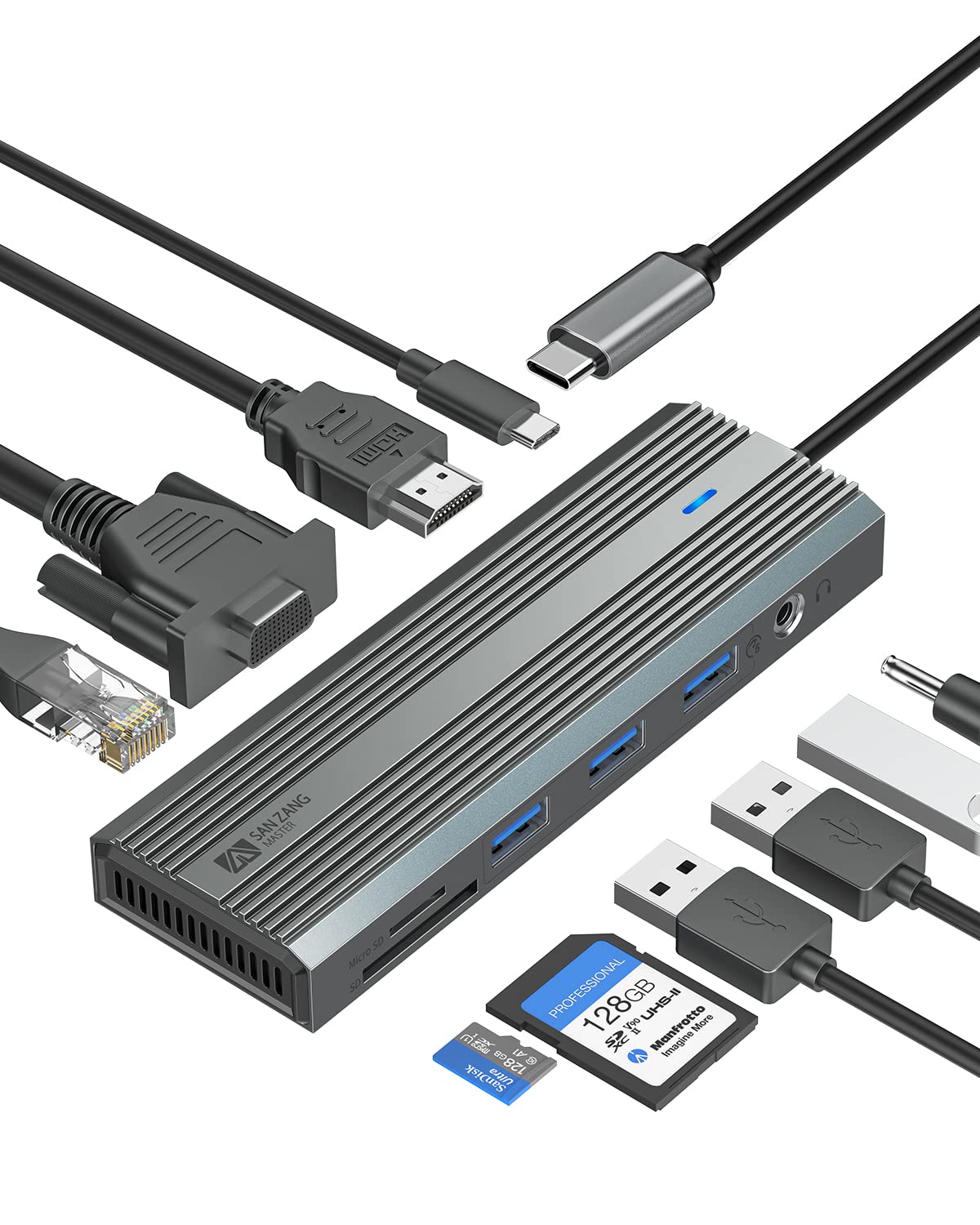 

ХАБ SAN ZANG MASTER LAN 100 Вт 3 USB совместим с и другими USB-C 10-в-1 USB-C HDMI4K@30HZ, порт, PD, USB-A 3.0, MacBook/Steam Deck/iPad/Surface серый