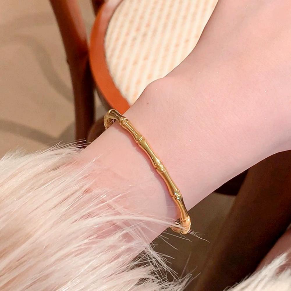 

1 Piece Bamboo Joint Pattern Gold Bangle, Minimalist Neo-Chinese Style, Daily Commute, Layering, Holiday Gift золотой