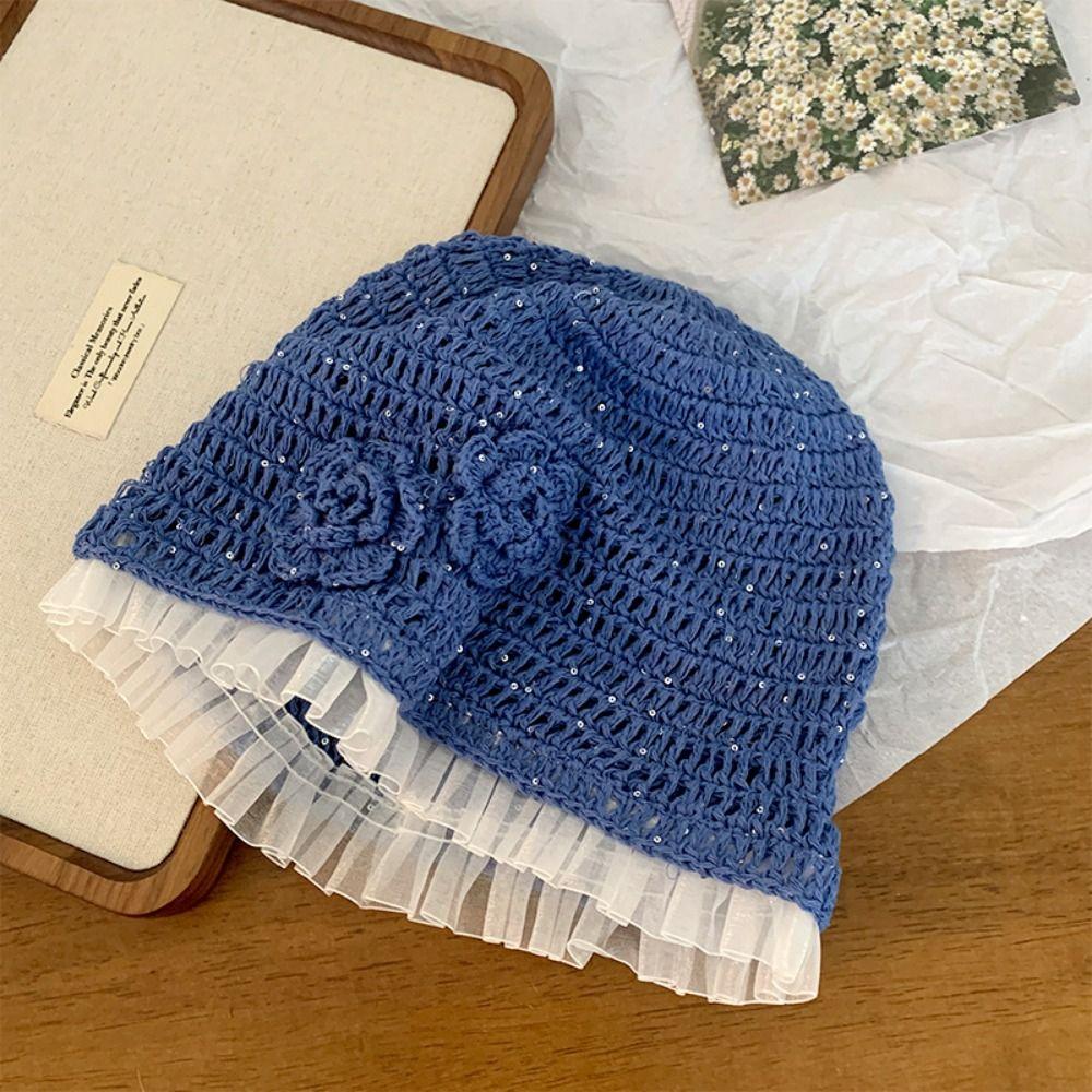 Hollow Out Lace Beanies Hat Glitter Sequin Knitted Hat Cute Crochet Flower Hat  Apparel Accessories