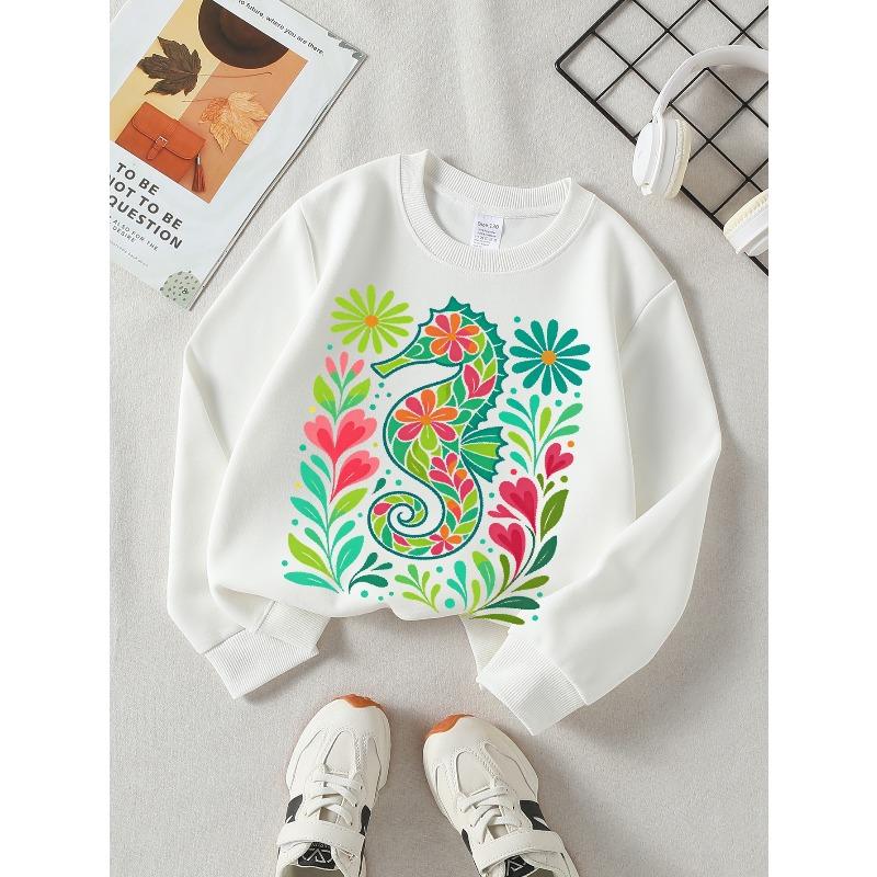 Kids Crewneck Sweatshirt, Colorful Floral Seahorse Creative Print,Daily Casual Top for Spring & Autumn