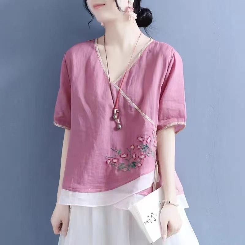 Retro Cotton and Linen Large-size Embroidered T-shirt for Women In Summer New Loose Slim V-neck Short-sleeved Top Base Shirt