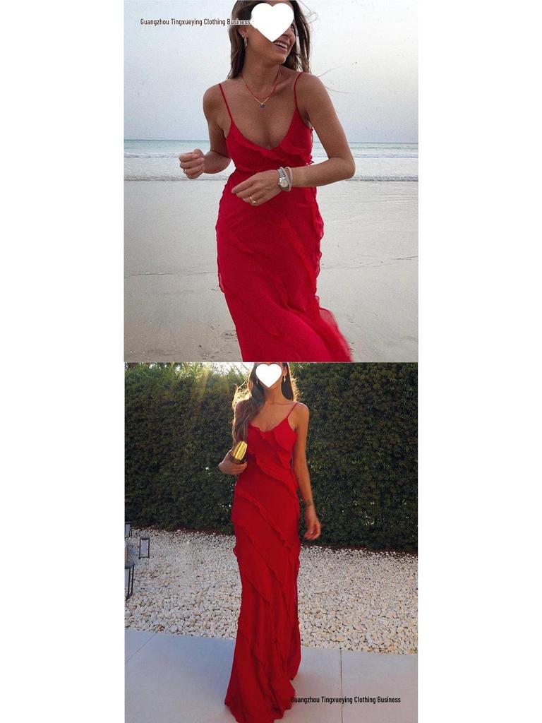 European-American Backless Spaghetti Strap Wave Slim-Fit Slit Maxi Dress