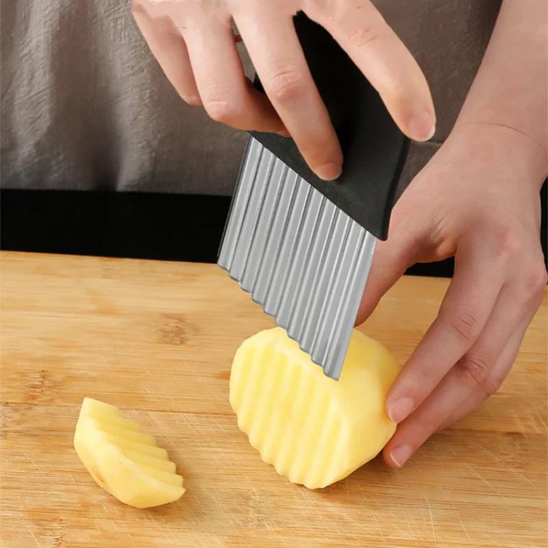 Stainless Steel Potato Chip Slicer Dough Vegetable Fruit Crinkle Wavy Kitchen Knife Cutter Chopper French Fry Maker Tools Gadget