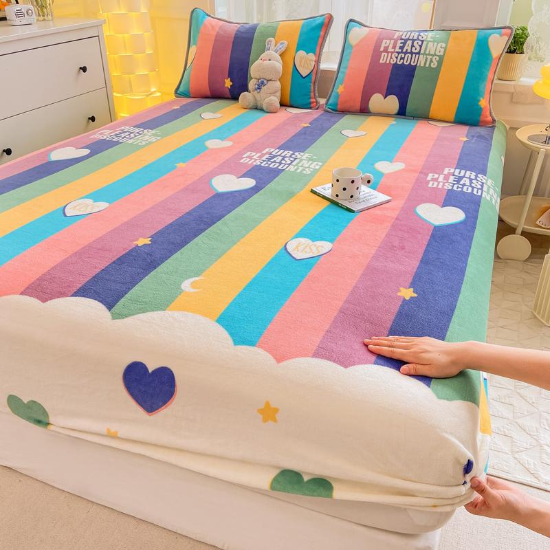 Winter Warm Thicken Flannel Elastic Fitted Sheet Mattress Protector Cover Cartoon Print Plush Soft Cozy Bed Sheet Home Decor